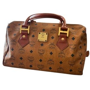 MCM Visetos Boston Satchel Vintage Leather Trim Zip Top-see callouts